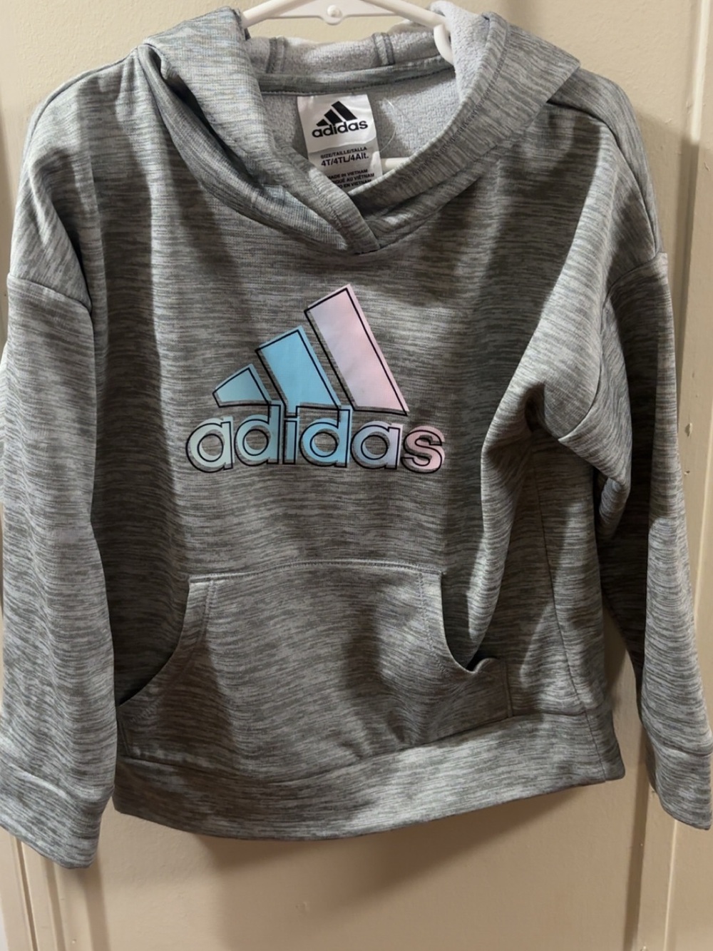 adidas Gray Pullover Hoodie with Pastel Blue & Pink Logo